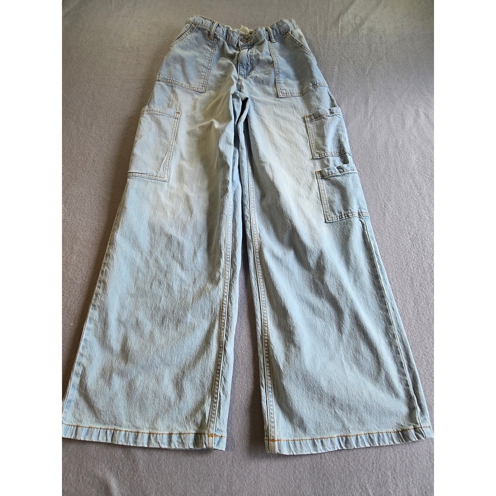 No Boundaries Cargo Jeans Womens Medium 8-10 Light Wash Wide Leg Utility Denim